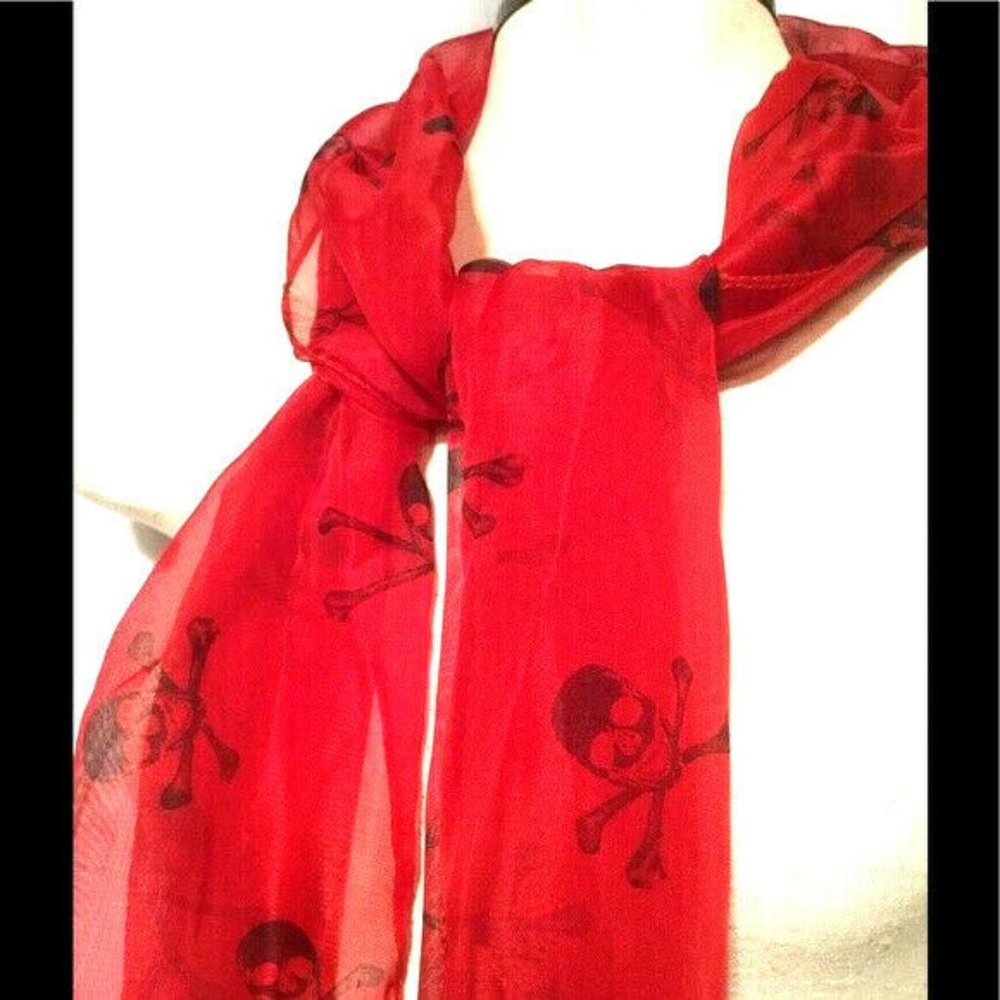 Red Fashion Neck Scarf Black Skeleton Skulls